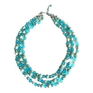 1950’s Mid Century Multi Strand Beaded Necklace, 3 Strands, Blue/Aqua Tones